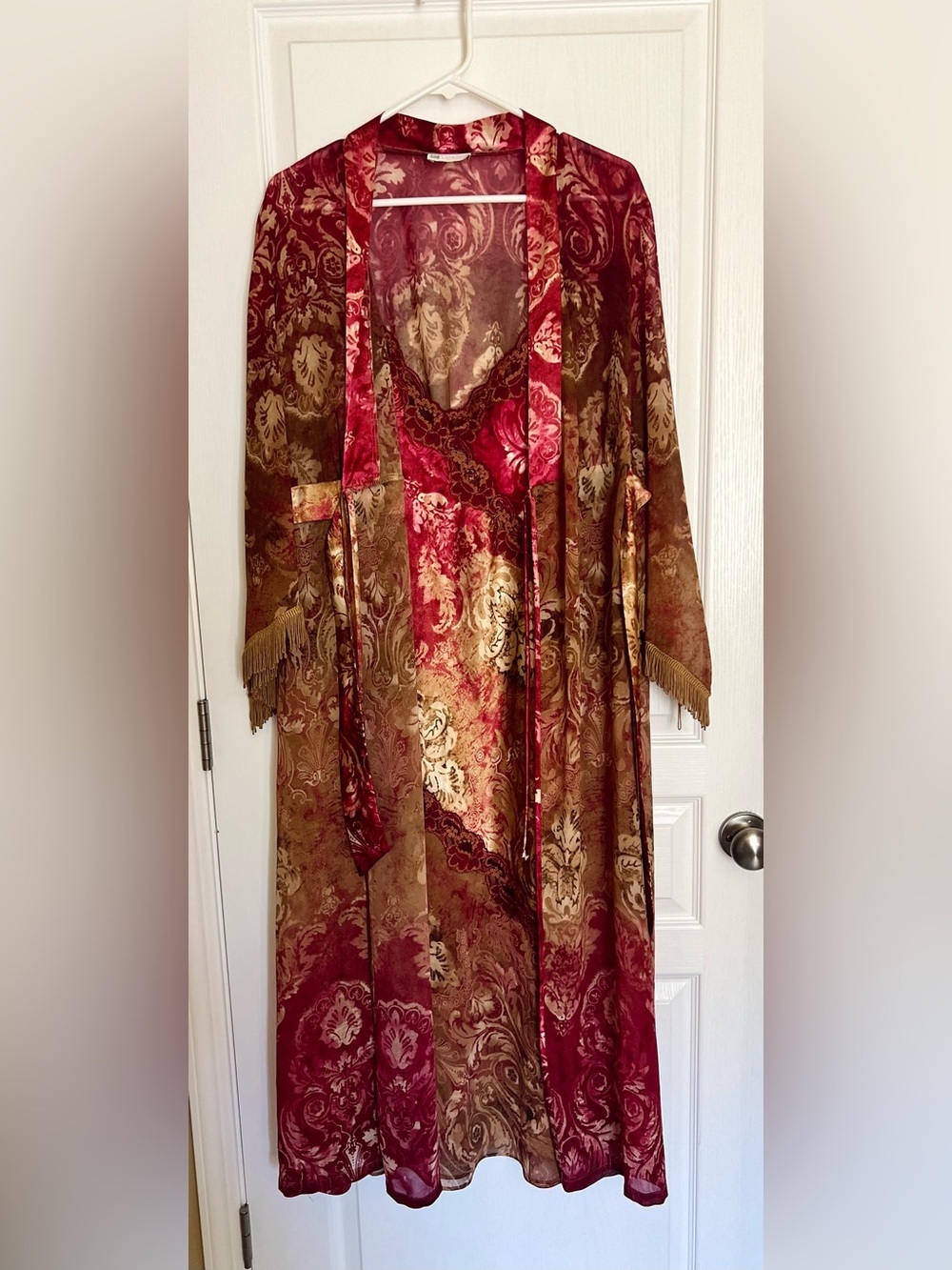 Vintage 1990s Burgundy Floral Lingerie Set -Front Tie Robe with Matching Slip